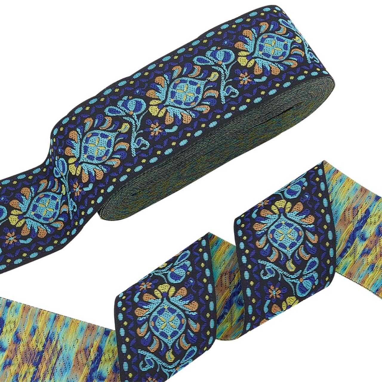 10 Yards Boho Jacquard Fabric Trim with Embroidered Flowers - Blue, 2 Inch Ethnic Style Floral Ribbon for Sewing, Handmade Bag Strap Making & DIY Clothing Decoration